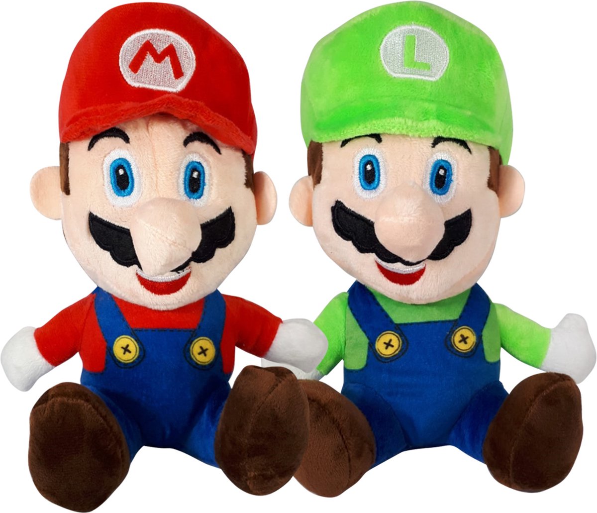 Mario + Luigi Zittend - Super Mario Bros Pluche Knuffel Set 24 cm {Nintendo Plush Toy | Speelgoed knuffelpop voor kinderen Donker blauw | Mario, Luigi, Toad, Donkey Kong, Yoshi, Bowser, Peach}